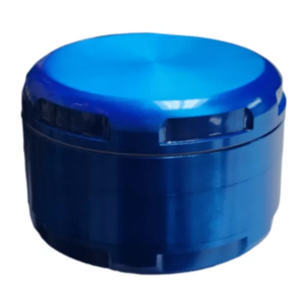 Smooth blue plasma grinder with clear cover, circular base, and flat top. No visible controls. Positioned horizontally on white background.