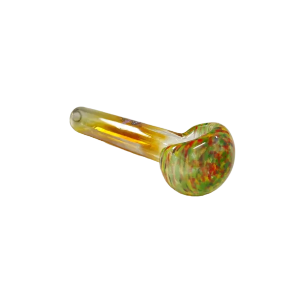 Jellyfish Glass bong with clear base, orange and yellow swirl design, small knob for bowl turning, tapered bowl, curved mouthpiece, and small airhole.