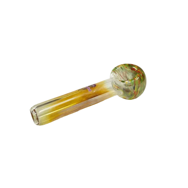 Sleek and modern glass pipe with long, curved stem and small, round bowl decorated with swirling pattern of yellow, green, and purple colors.