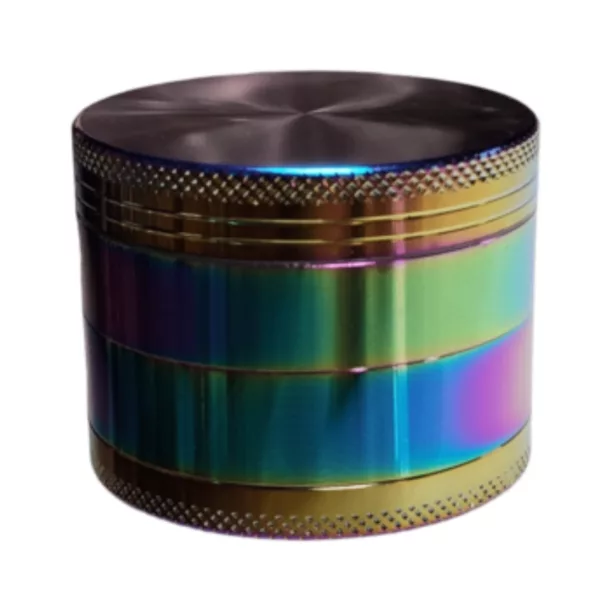 Stylish black & rainbow striped grinder with silver accents, round base & 4 small feet for stability. Perfect for herbs.