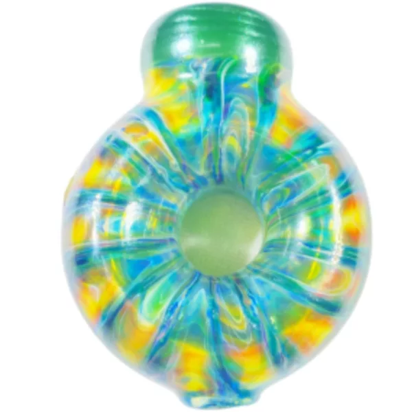 colorful glass pipe with a circular hole and a swirling pattern of green, blue, yellow, and orange. It sits on a white surface.