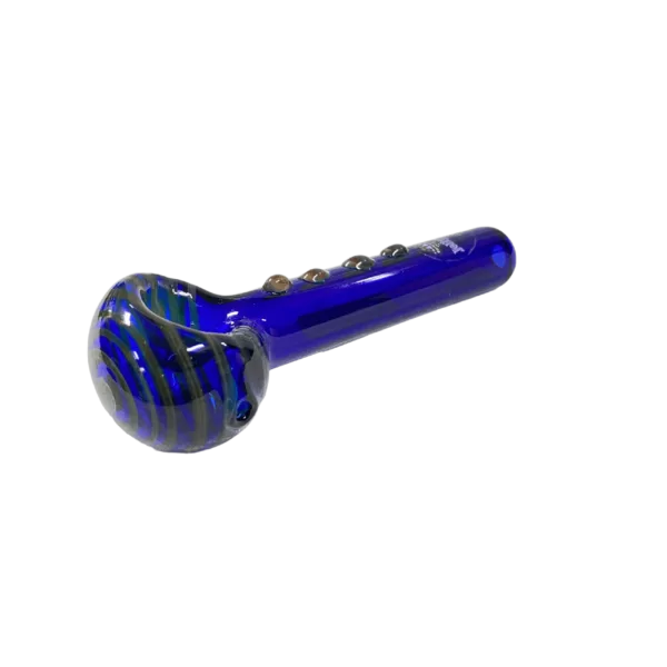 Stylish blue glass bong with striped pattern, small mouthpiece, and long curved neck. Transparent body with three small holes at the base.