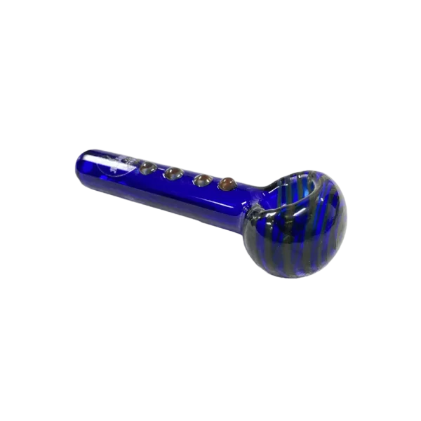 Stylish blue and white striped glass pipe with small hole, perfect for enjoying your smoke. Features a green background.