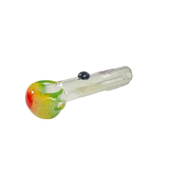 A glass pipe with a colorful, Rasta-inspired design. Small hole at the end, made of clear glass and on a green background.