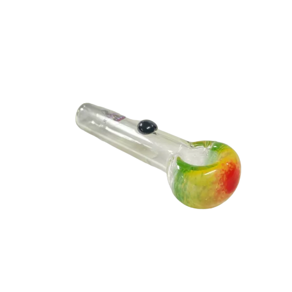 Small, colorful water pipe with clear stem and colored mouthpiece featuring red, green, and yellow hues.