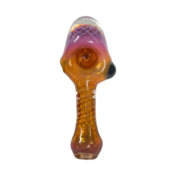 Unique glass pipe, Fumed Honeycomb, Plugnug LLC, purple and orange design, small round base and stem with clear glass knob at end.