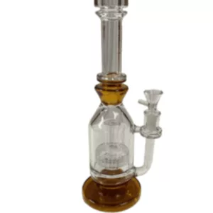 Glass bong with clear stem, brown base, small and large bowls, and smooth surface. No visible smoke.