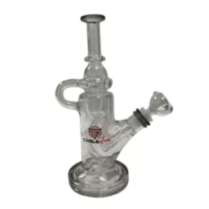 Clear glass bong with long neck, small bowl, and foot pedal base. Indented bowl attachment and stem with small knob. Sits on circular base with indentation.