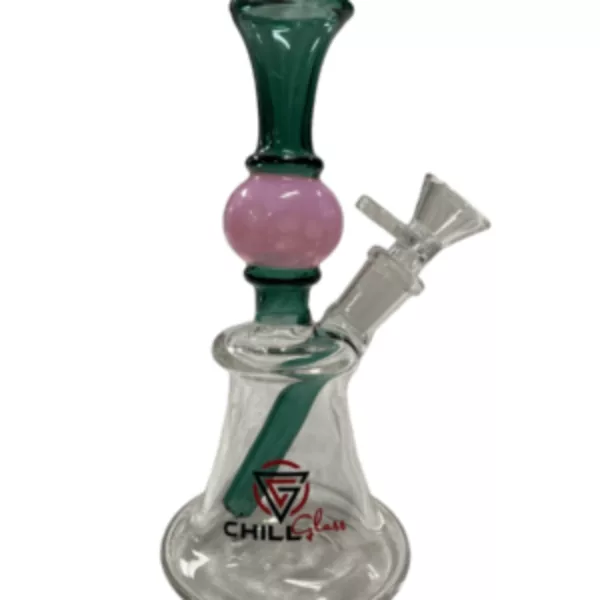 Clear glass bong with pink and green base, featuring Smoke Co. logo in white.
