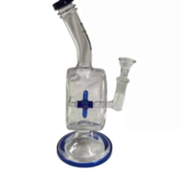 Glass water pipe with metal ring and handle, sitting on metal base with feet. Clear design.