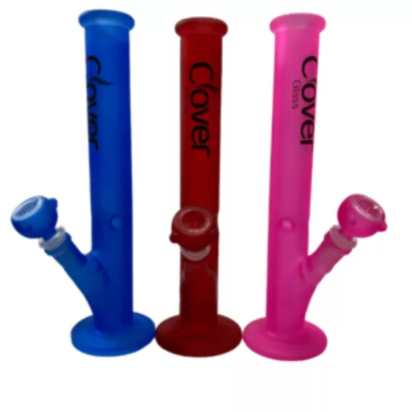 Three colorful glass pipes with cover written on them, arranged in a line. Clover Small Neon Tube - WPC56.