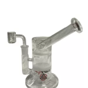 Clear glass smoking pipe with small bowl and silver band, attached to metal base with clear glass attachments.