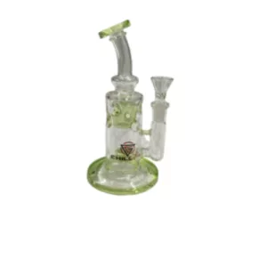 Cylinder-shaped glass water pipe with green plastic base and clear glass stem, no joints or attachments.