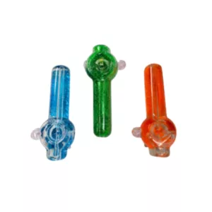 Four colored glass pipettes with clear cylindrical shafts and plastic handles in orange, green, and blue. Against a white background.