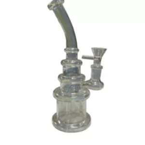 Glass bong with clear stem and silver base. Cylindrical shape. NNH200.
