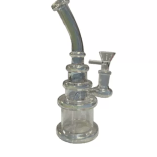 Glass bong with clear stem and silver base. Cylindrical shape. NNH200.