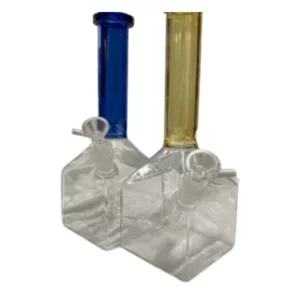 Two clear plastic beakers connected by a blue and yellow handle, used as a water pipe for smoking.