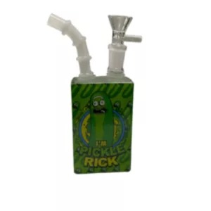 Green plastic container with white pucker writing, containing a green plastic tube water pipe.