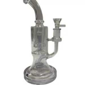 Glass bong with clear stem and base, sitting on a clear glass stand with a small base and round top. Both have small and large holes and sit on a white background.