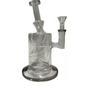 Glass beaker smoking device with stainless steel stem and handle, sitting on wooden stand with air hole and removable glass pipe connected with rubber O-ring.