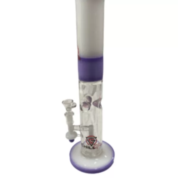 A sleek, modern glass bong with a purple and white design. The clear glass stem and purple and white base create a simple and stylish look.