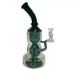 A long, curved neck and wide, bulbous base make up this smoking bong with a perforated bowl and stem, each with a small, round mouthpiece.
