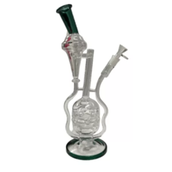 Clear glass smoking pipe with green accent, wide base and straight stem. Stands on flat surface.