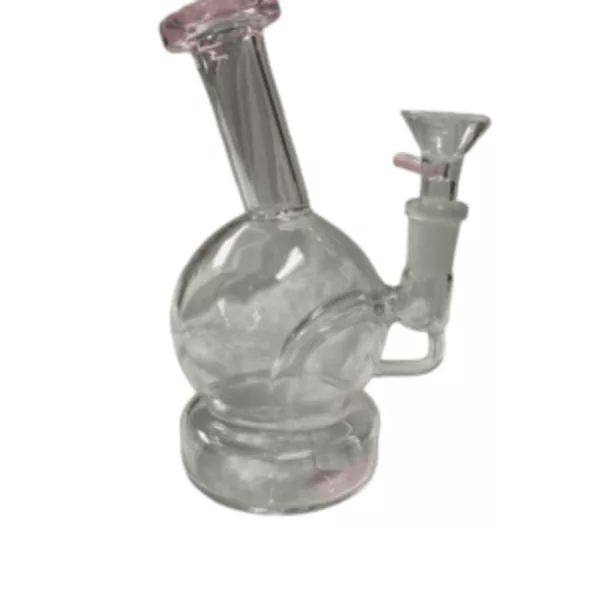 Glass pipe with pink band, small bowl and long curved stem. Attached to a large round base with design.