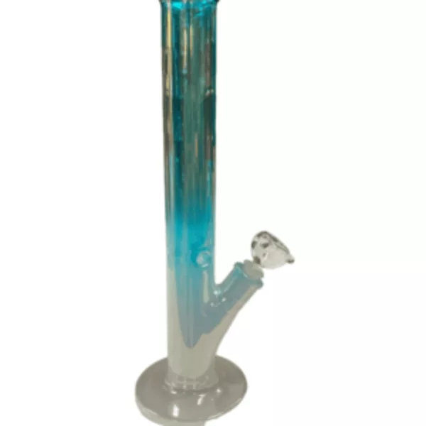 A clear glass tube with a blue and white swirl pattern on the inside, standing upright on a white background. It has a round base and tapers to a point at the top, and the edges are tapered with a smooth finish. The base is ground flat and is a clear glass color. The stem is a clear glass color and tapers to a point at the top, which is ground flat.