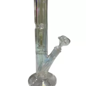 A high-quality, clear glass water pipe with a large bowl and narrow neck, featuring small perforations in the bowl and a smooth stem with a small hole at the top. The base is wide and round, and the pipe is in excellent condition with no chips, cracks or wear. The water inside is clean and still, with just a small amount in the bowl. The stem is not clogged and the water flows smoothly through the holes. Overall, a well-made piece of glassware.