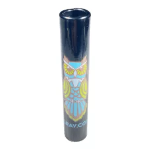 Colorful owl-shaped plastic taster with flat bottom and narrow neck for smoking. Made of glossy light blue plastic.