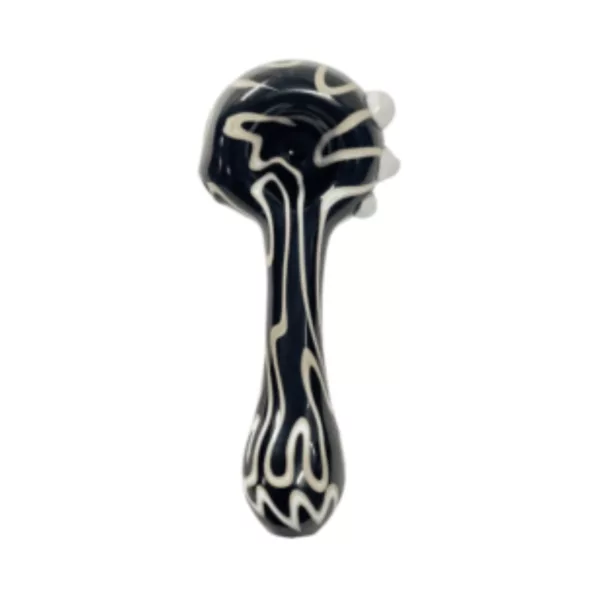 Elegant, modern glass pipe with a black and white swirl design on the handle and a small, round bowl. Features a long, curved stem for comfortable use.