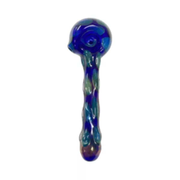 A blue and purple glass pipe with a spiral handle and clear plastic stem and bowl, featuring a small, circular knob and hole in the base.