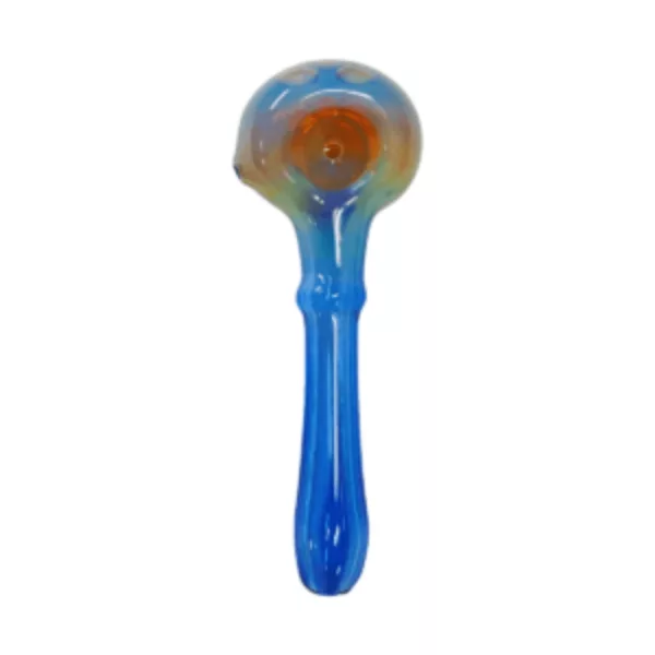 Colorful glass bong with blue and orange design, handle, and small knob. Open top and small hole at bottom for air flow.