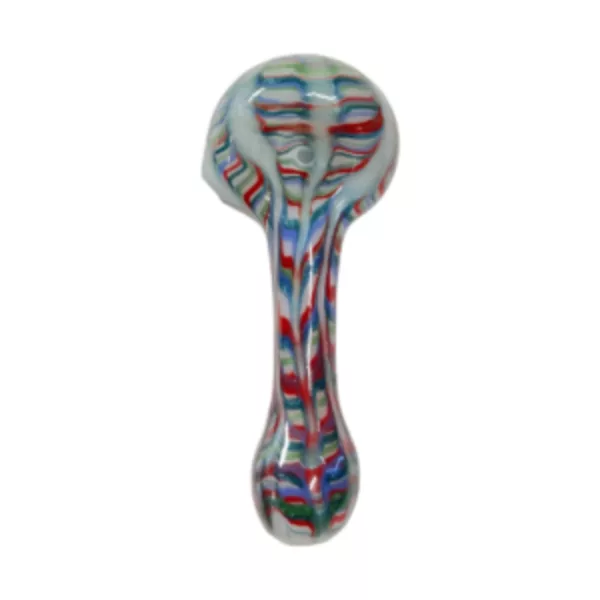 Long, curved glass pipe with colorful, abstract design on white base. Intended for tobacco use.