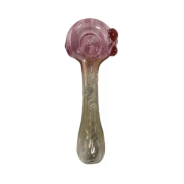 glass pipe with a pink and purple swirl design, a small curved handle on the top and a larger straight handle on the bottom, and a long, curved stem with a small, round base.