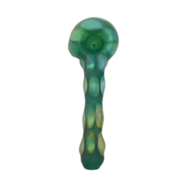 A large, sculpted glass pipe shaped like a spider with a green, shimmering appearance. The base is smooth, the stem is hollow and long, and the bowl is round with swirling patterns.