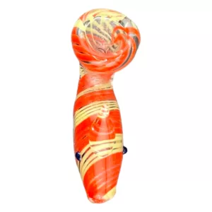 Glass pipe with red and yellow stripe pattern, small hole for smoke output.