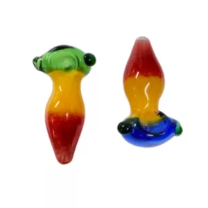 Two glass beads with a colorful striped pattern, used as a hand pipe. Perfect for smoking on the go.