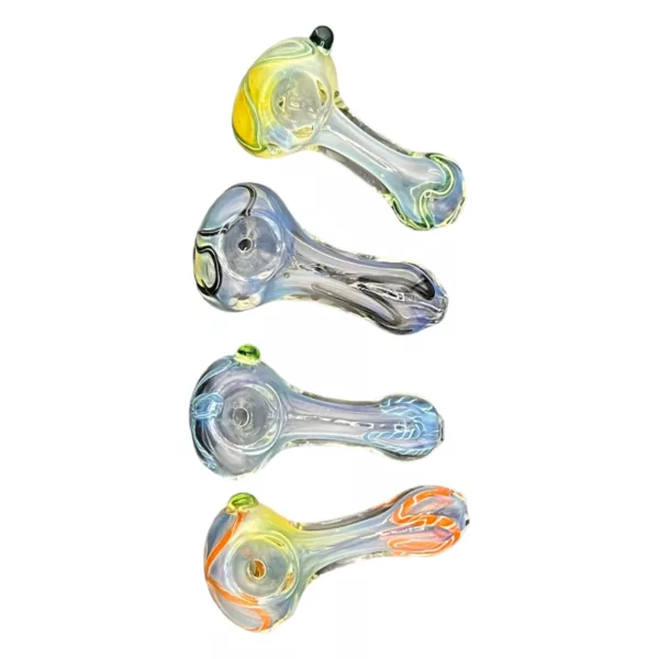 Four unique glass pipes with blue and green swirl designs, each with a small hole at the top.