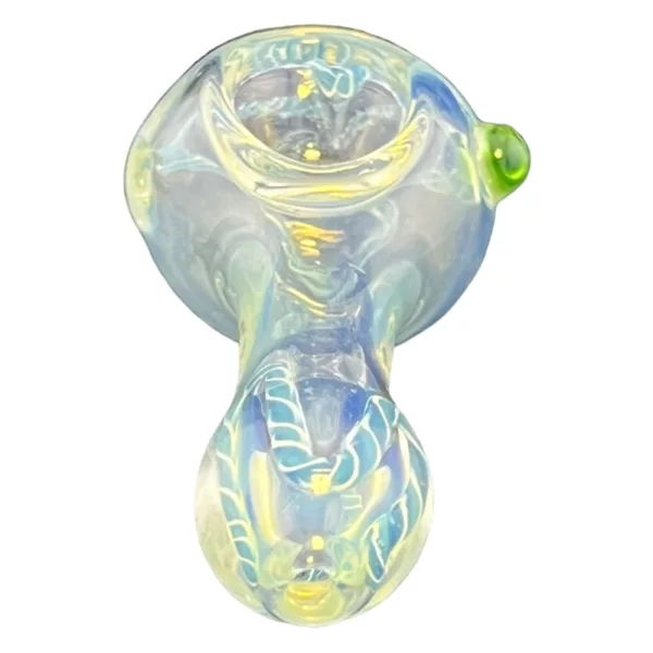 Under The Sea Pipe -RRRB161 features a blue and green swirl pattern in a clear glass bubbler with a small, round base and tapered, curved stem.