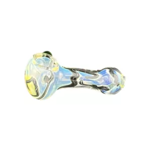 Smooth, curved blue and white glass pipe with elongated shape and small circular base. Clear bowl and stem made of clear glass. Transparent body with blue and white color scheme.