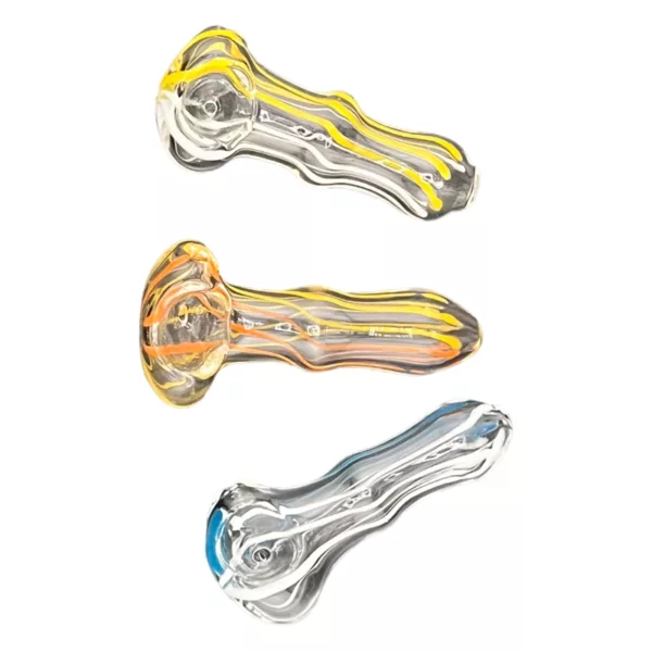 Set of three clear glass pipes with yellow, blue, and green stripes on the side, sitting on white background.
