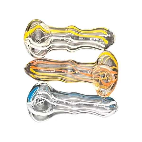 Three glass pipes with different color and design combinations on a clear base, sitting on a white background.