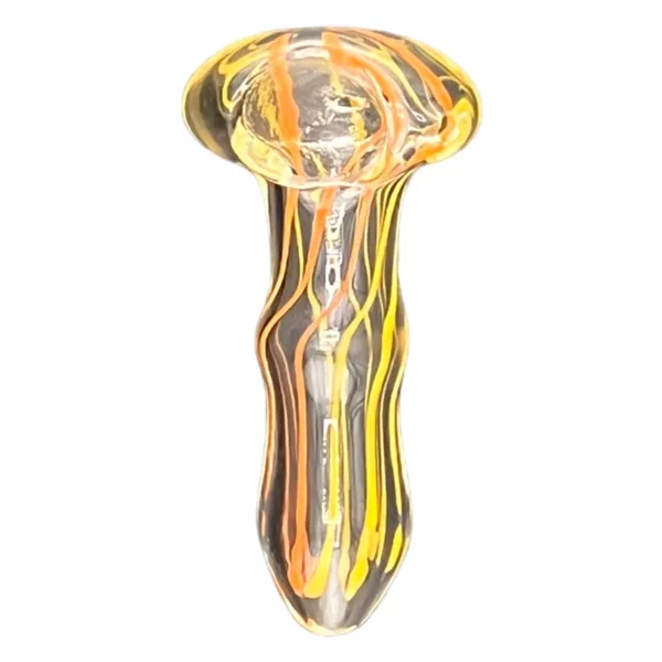 Handcrafted double-stripe spoon with yellow & orange swirls on transparent glass handle. Perfect for stirring & serving. #RRRB162