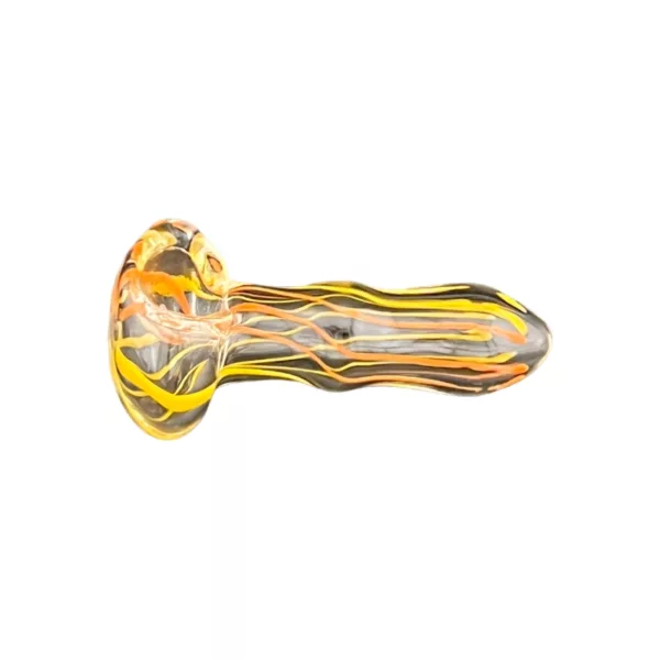 Yellow and orange swirled glass pipe with small bowl and clear stem. Modern and sleek design. RRRB162 - Double Stripped Spoon.