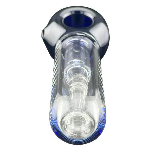 Clean, empty blue glass pipe with silver mouthpiece for water filtration.