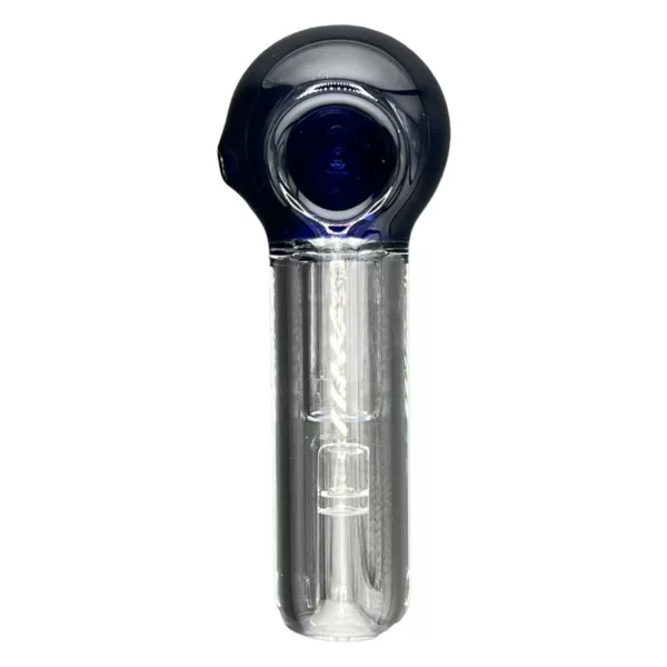 A clear glass water pipe with a blue light inside, featuring a small round base and long curved neck. Available on a smoking company website.