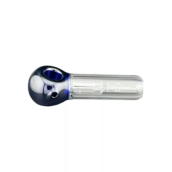 Blue tinted glass smoking pipe with clear mouthpiece and small round base. 8 inches long and standard mouthpiece size.