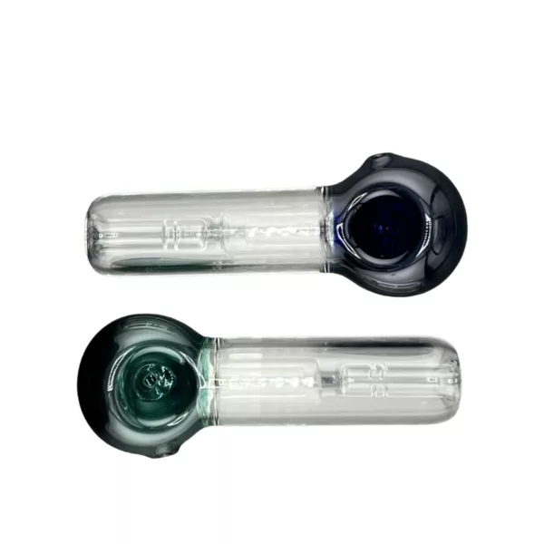 Glass water pipe with blue/green strip, clear bowl and tube. Large curved neck and bowl end hole.